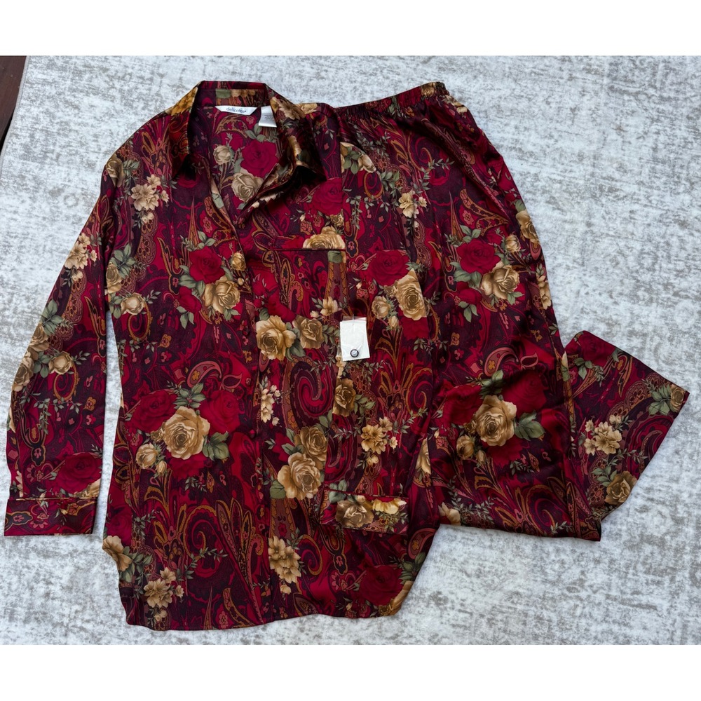Delicates JCPenney Red Baroque Floral Pajama Set Large Satin Sleepwear